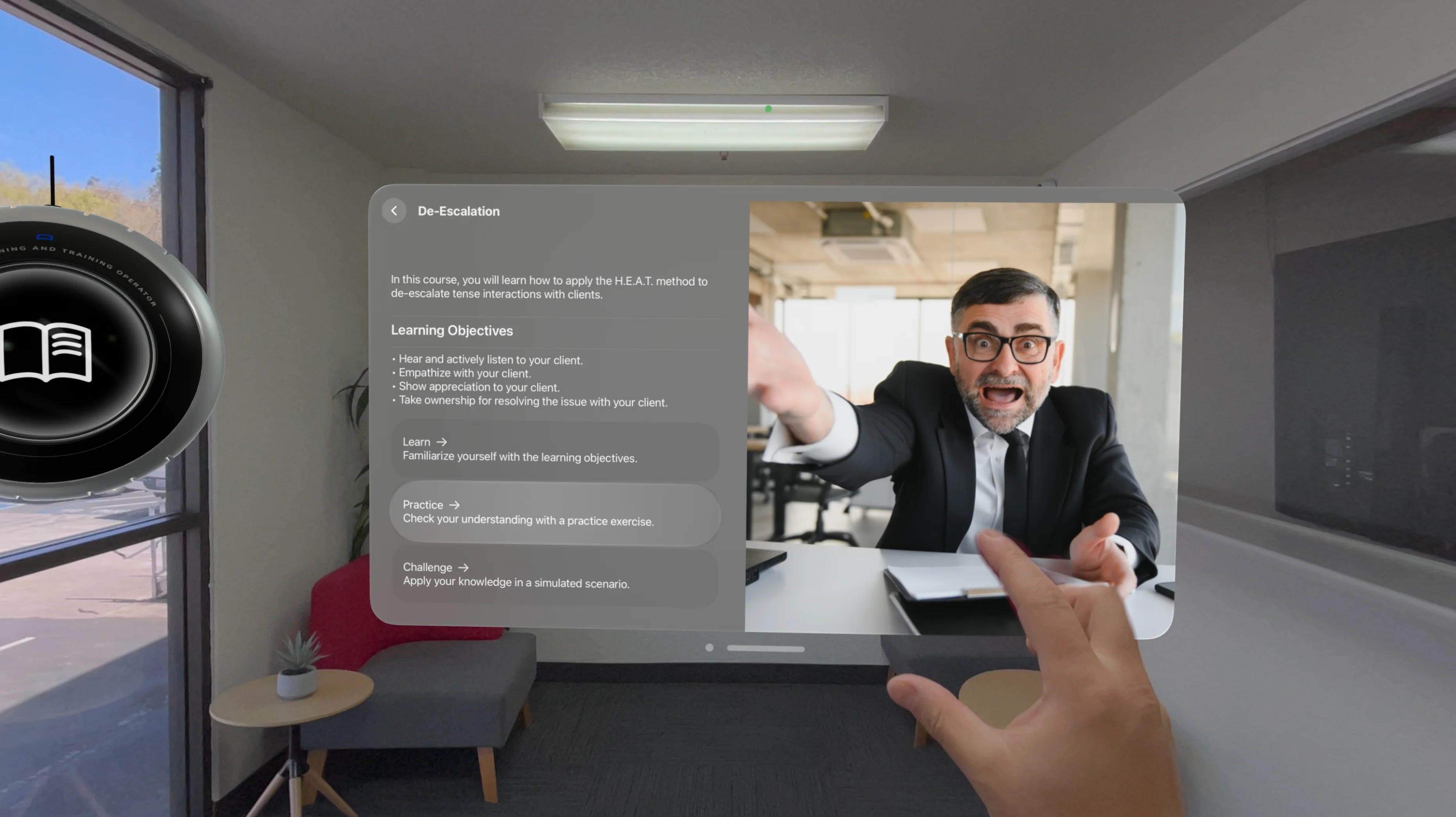 Vision Pro — de-escalation course UI with floating panel