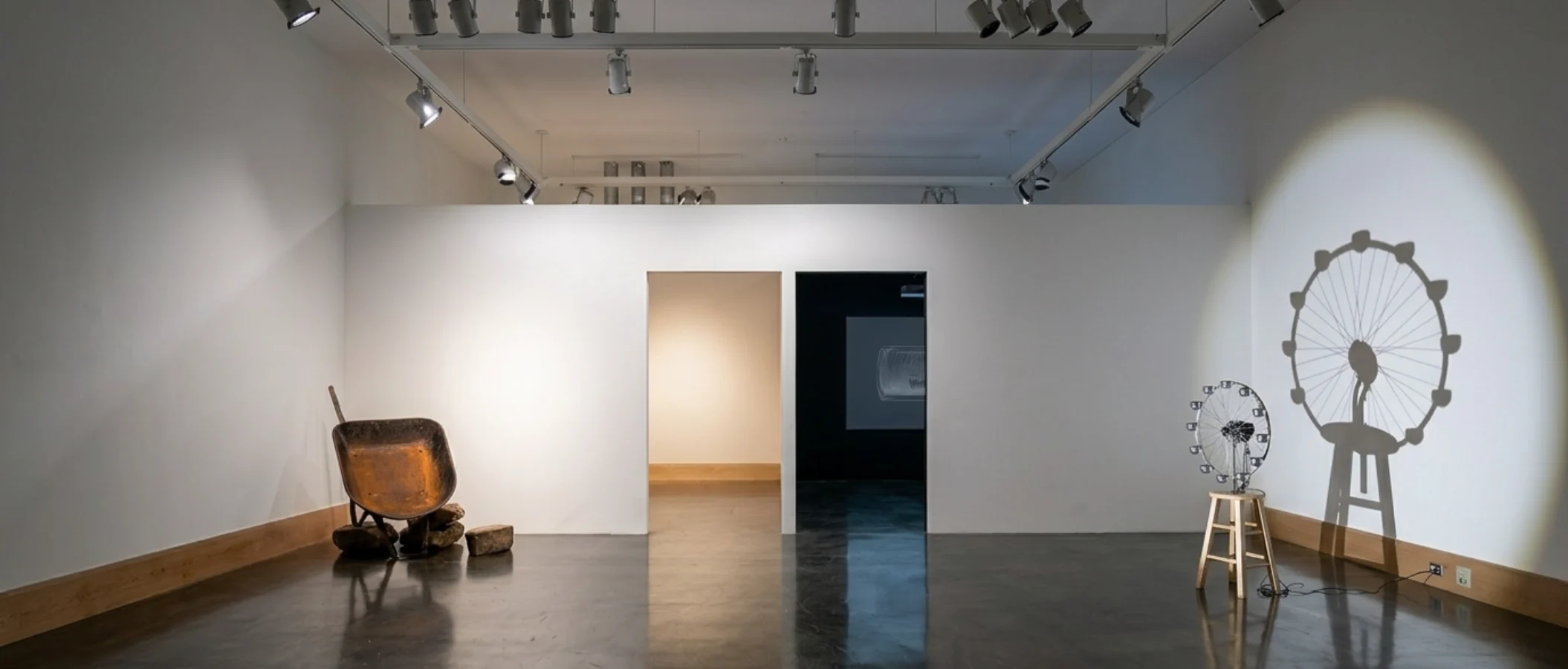 Installation view — the gallery as a fragmented amusement park