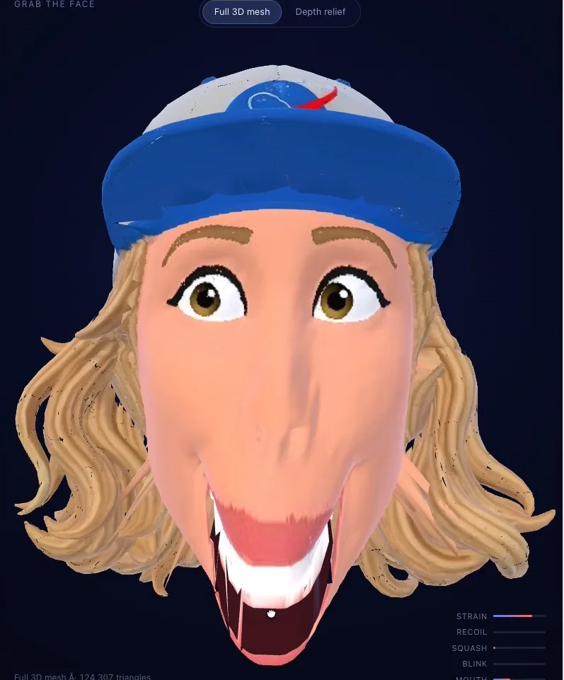 The Meshy head with its new jaw open: jagged, torn lips