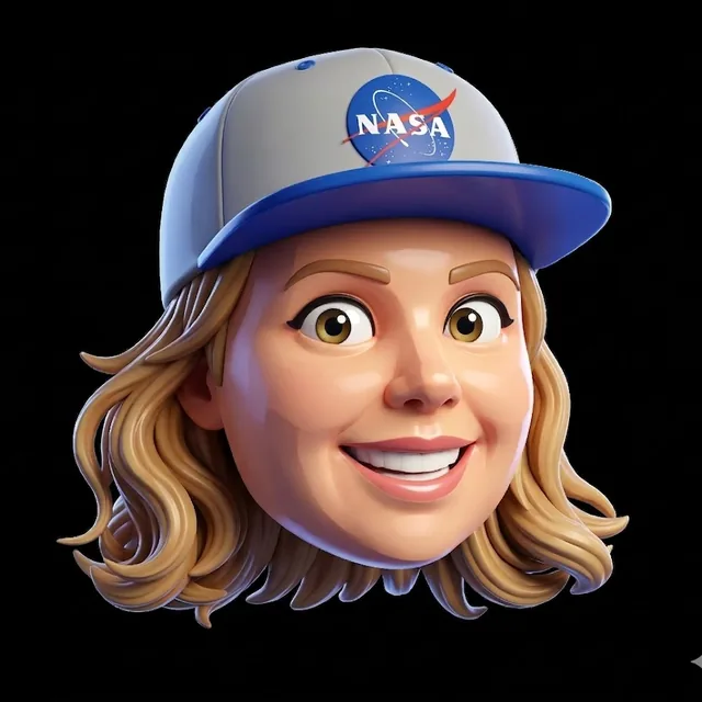 The cartoon concept of Hanna in the NASA cap that the 3D model was built from