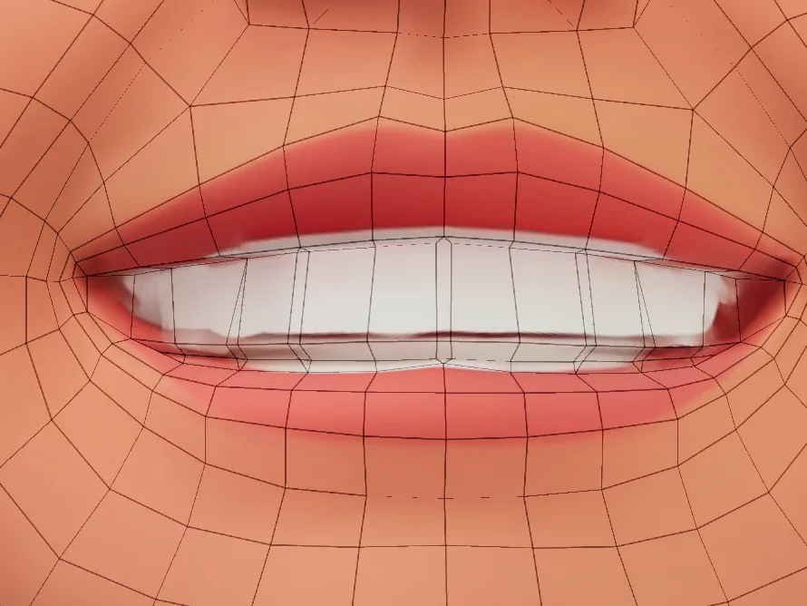 The model's wireframe around the mouth, showing the edge loop