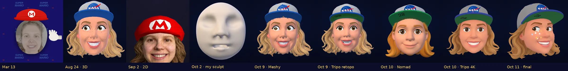 Nine versions of the head side by side, from a March photo cutout to the final October model