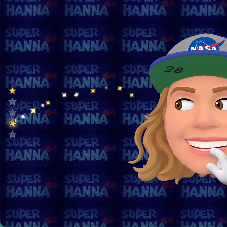 A star flies from her face into a bar of five stars on the left