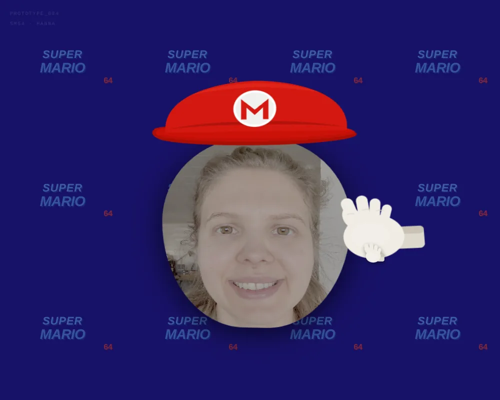 The one-brief prototype: a photo of Hanna in an oval, wearing a cartoon red cap, squished sideways by a glove