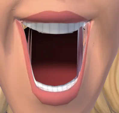 The mouth cut along the painted lips: jagged teeth and streaks