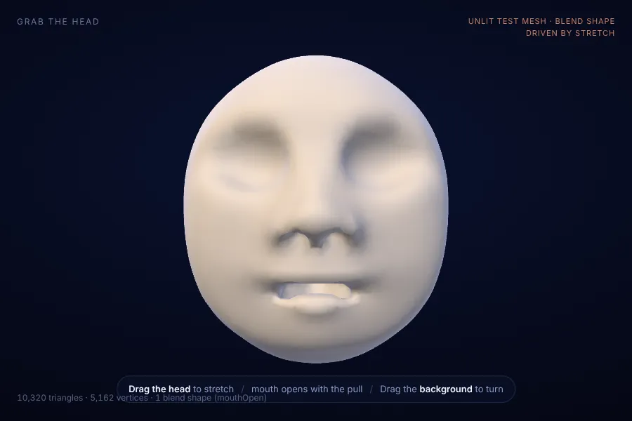 The October 2 test: a plain sculpted face whose mouth opens as it's stretched