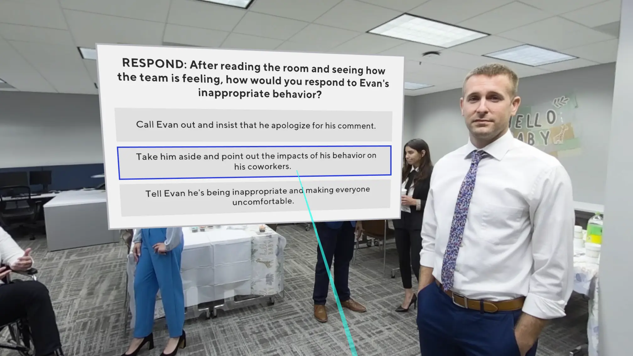 Professional development VR scenario with magical realism overlay