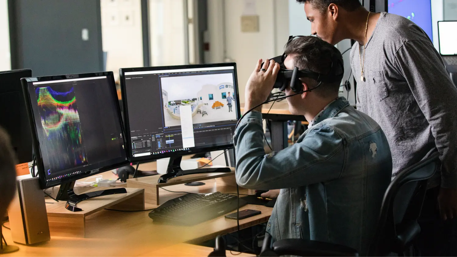 Strivr content studio — developer reviewing CG VR content in headset