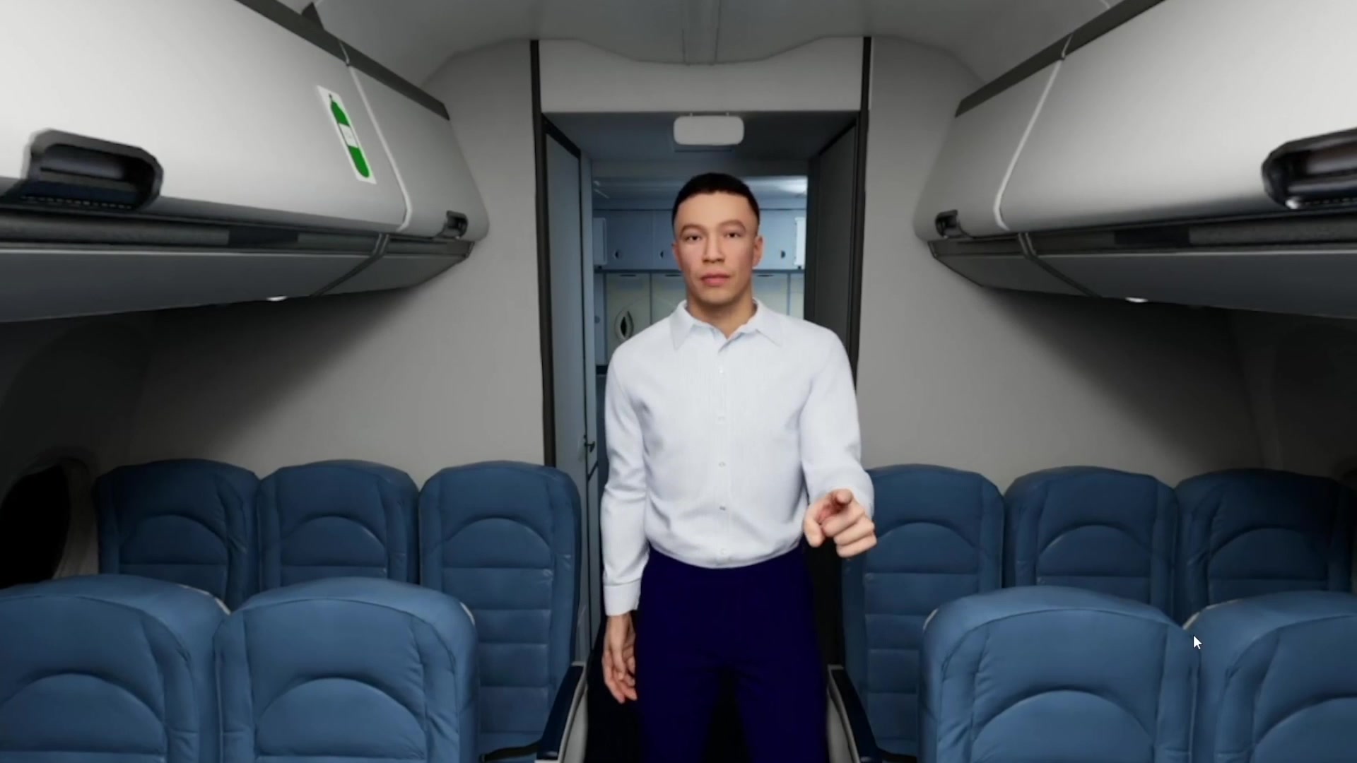 The finished MetaHuman crew member addressing the learner in the cabin