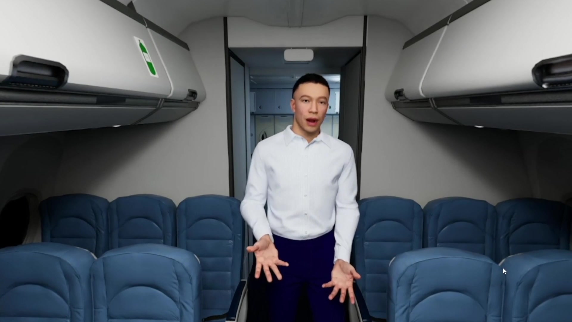 A MetaHuman colleague addresses the learner in the aircraft cabin