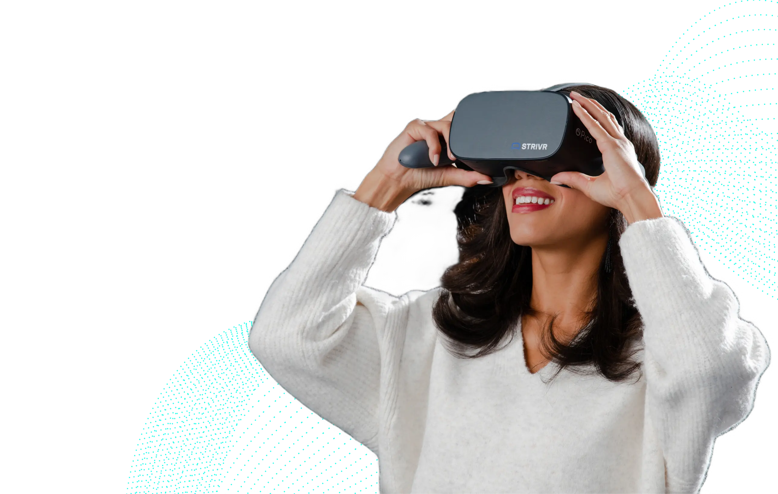 A learner smiling while wearing a Strivr VR headset