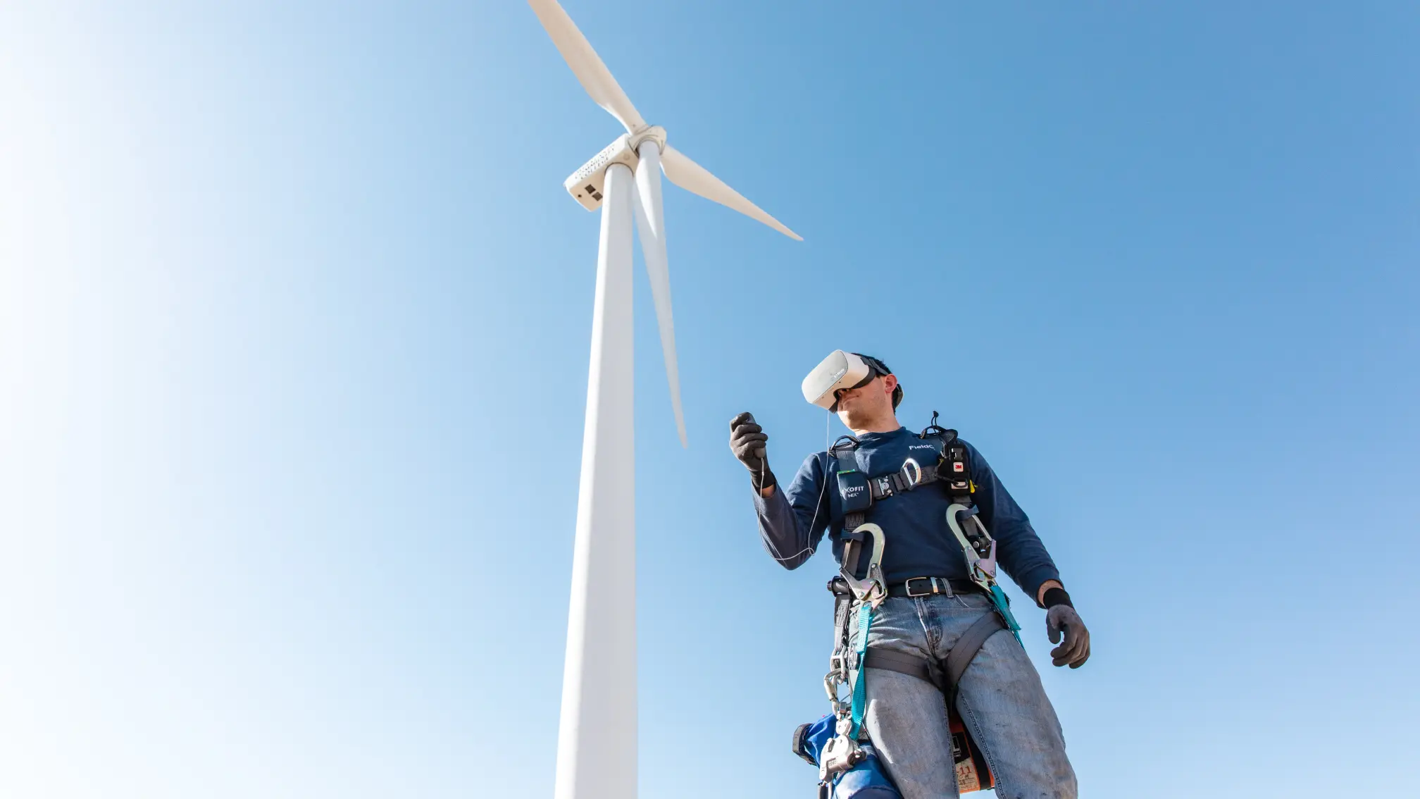 Energy-sector VR training — a field technician at a wind turbine
