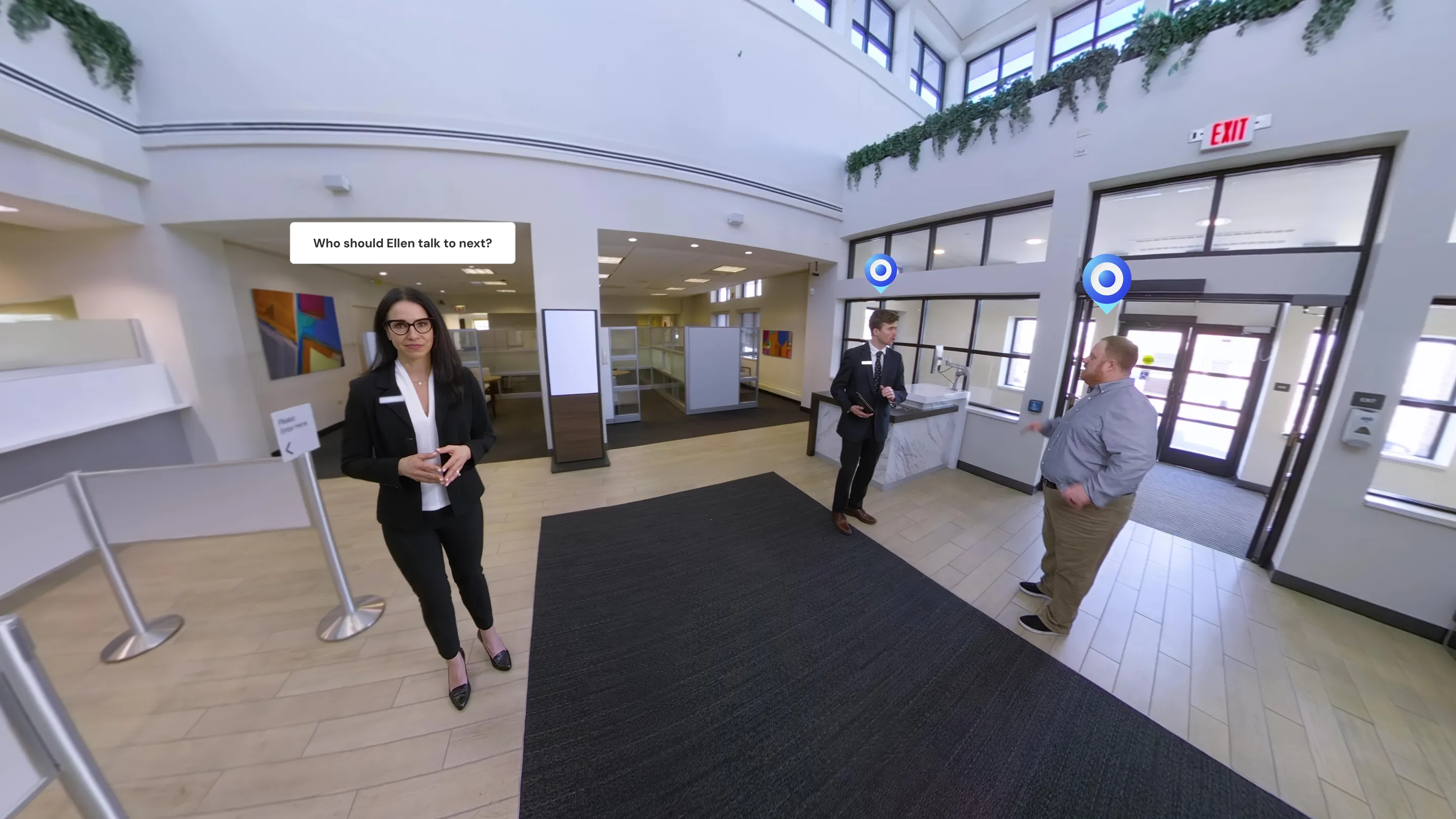 Financial services VR training — a client-conversation scenario in a bank lobby