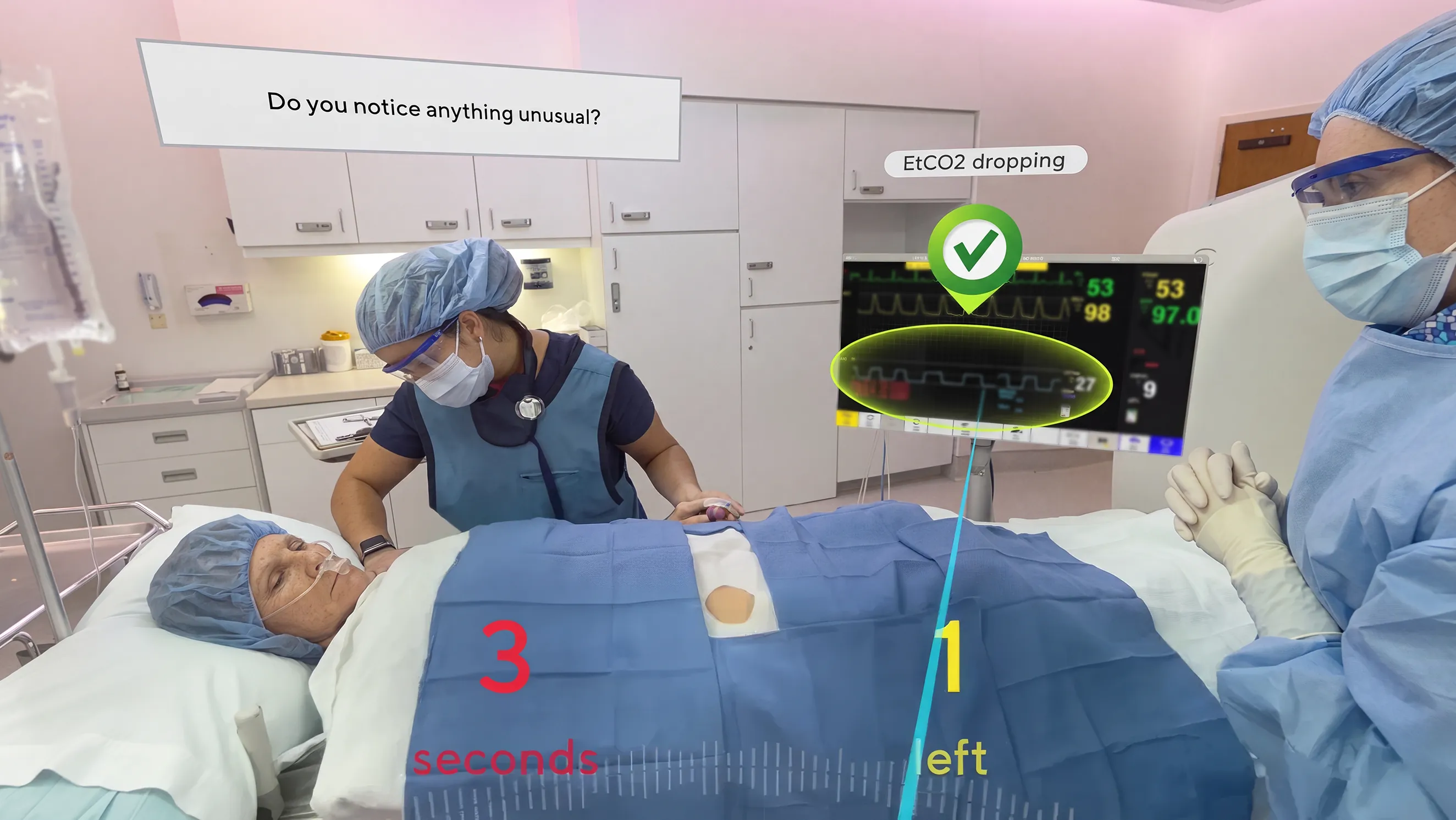 Healthcare VR training — a surgical team scenario: spotting a dropping EtCO2 reading against the clock